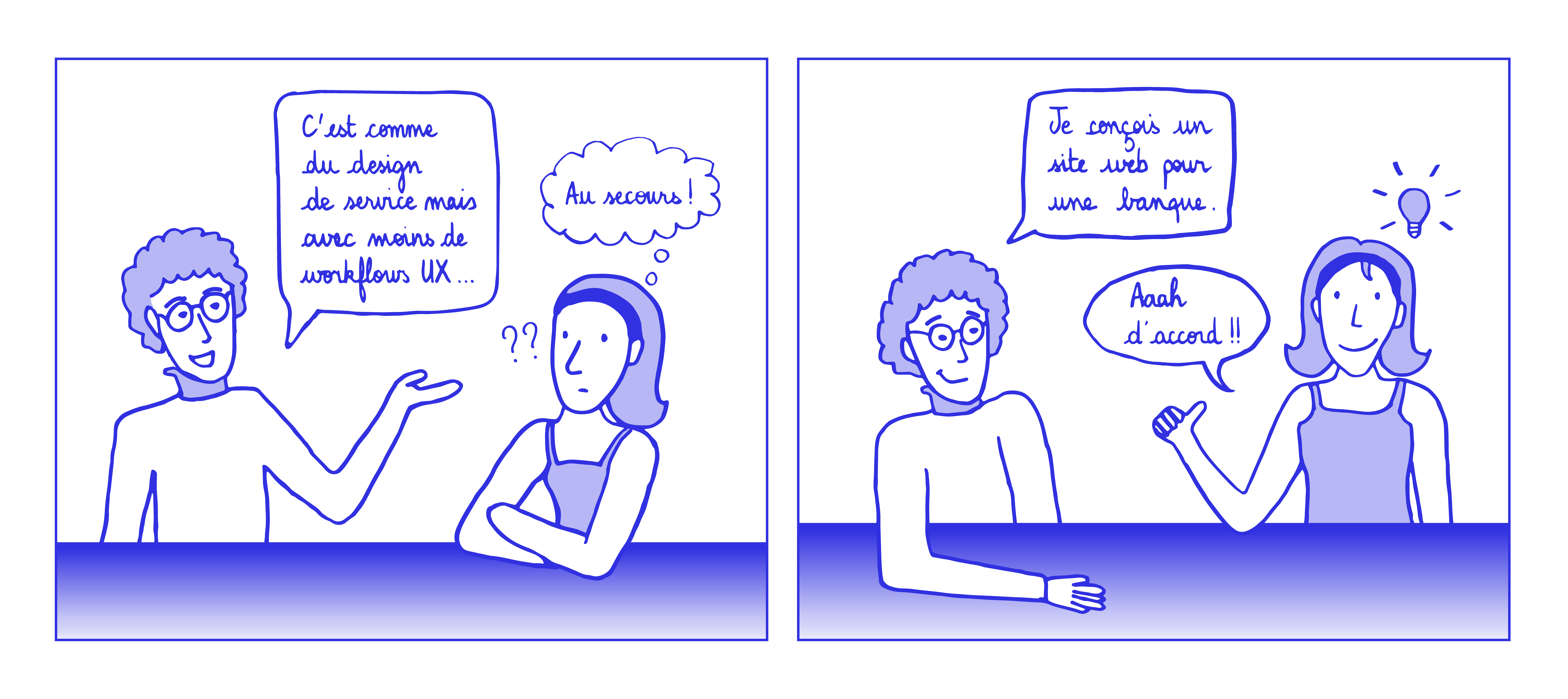 Dialogue: un UX designer tente d'expliquer son métier. Avec du jargon, la personne en face ne comprend pas. Avec un exemple concret, elle comprend.