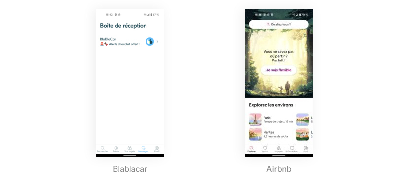 Captures d'écran application Blablacar et Airbnb