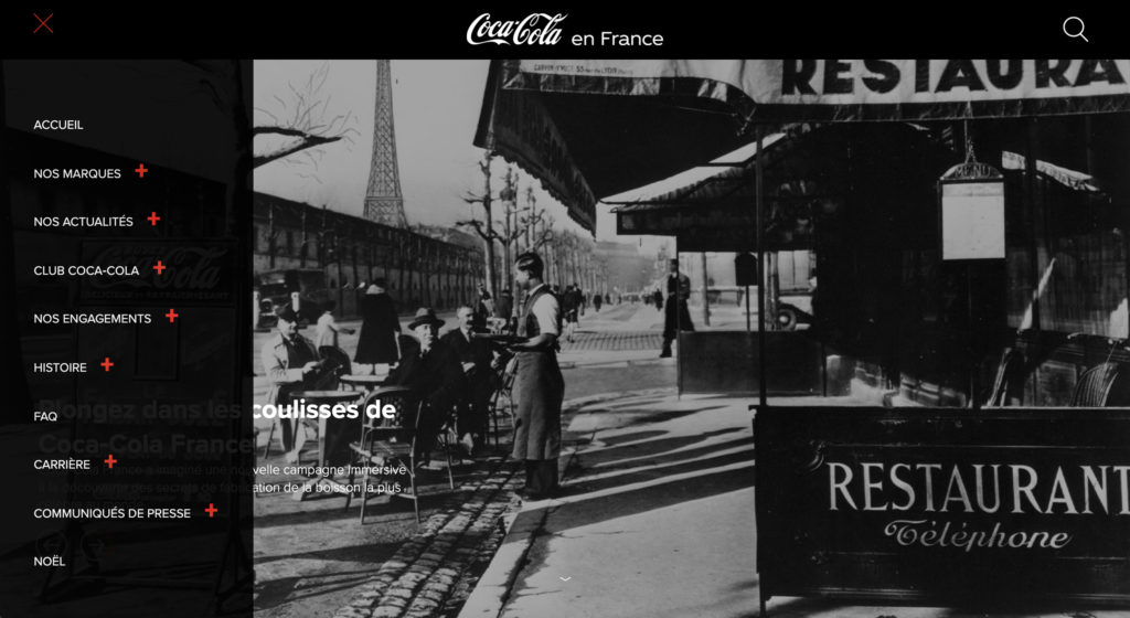 Landing du site de Coca-Cola (menu)