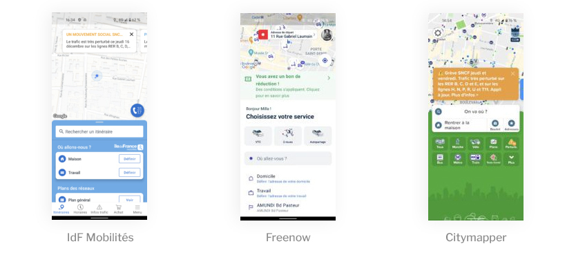 Captures d'écran applications IDF, Freenow et Citymapper