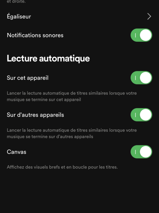 Paramètres de lecture Spotify incluant la désactivation des Canvas.