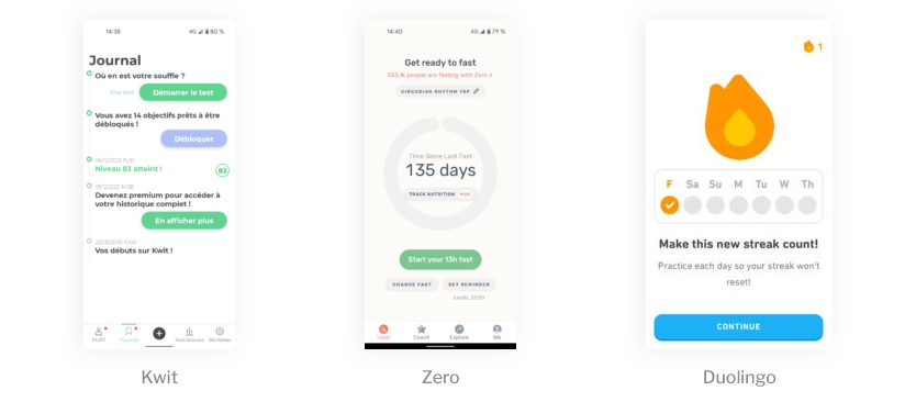 Captures d'écran application Kwit, Zero et Duolingo