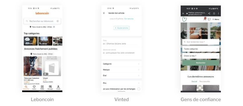 Captures d'écran applications Leboncoin, Vinted et Gens de Confiance