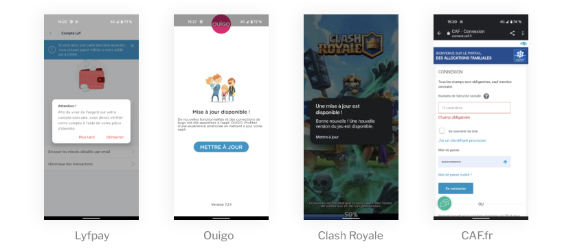 Captures d'écran applications Lyfpay, Ouigo, Clash Royale et Caf