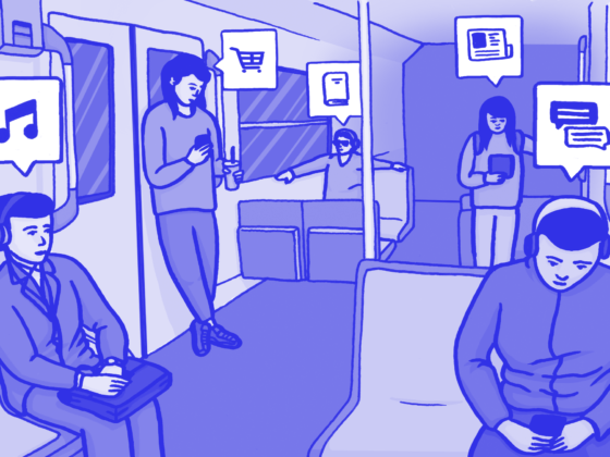 Illustration personnes dans le métro utilisant de l'audio