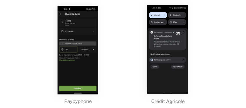 Captures d'écran applications Paybyphone et Crédit Agricole