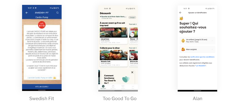 Captures d'écran applications Swedish Fit, To Good To Go et Alan