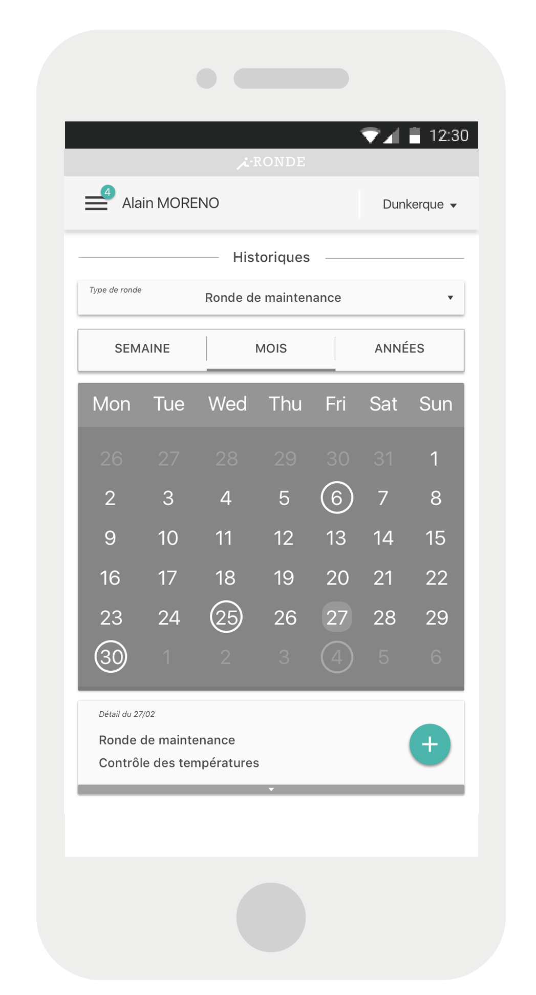 Maquette de l'application IRonde avec le calendrier